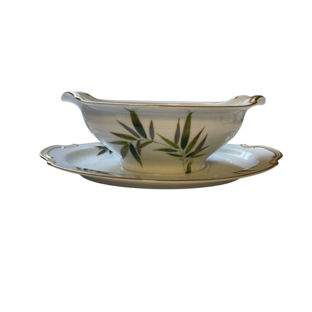 Vintage Noritake China Orient Gravy Boat With Attached Underplate Gold Trim Whit